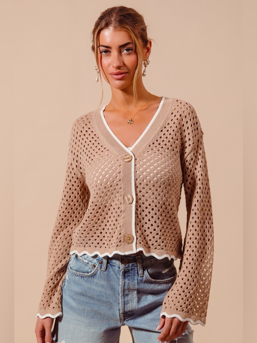 SO ME Open Knit Light Weight Sweater Cardigan With Contrast Wavy Scallop Edge - Picture 4 of 11